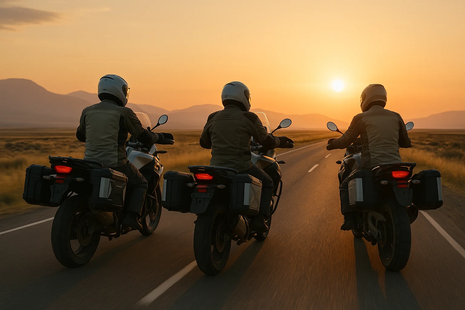 Tri motorkari jedou pri zapadu slunce